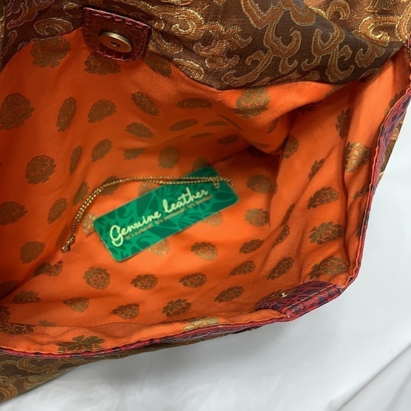 HOLII Green Orange Leather and Fabric Bag Eastern Indian Designs Gold leaf NWT - Picture 8 of 9